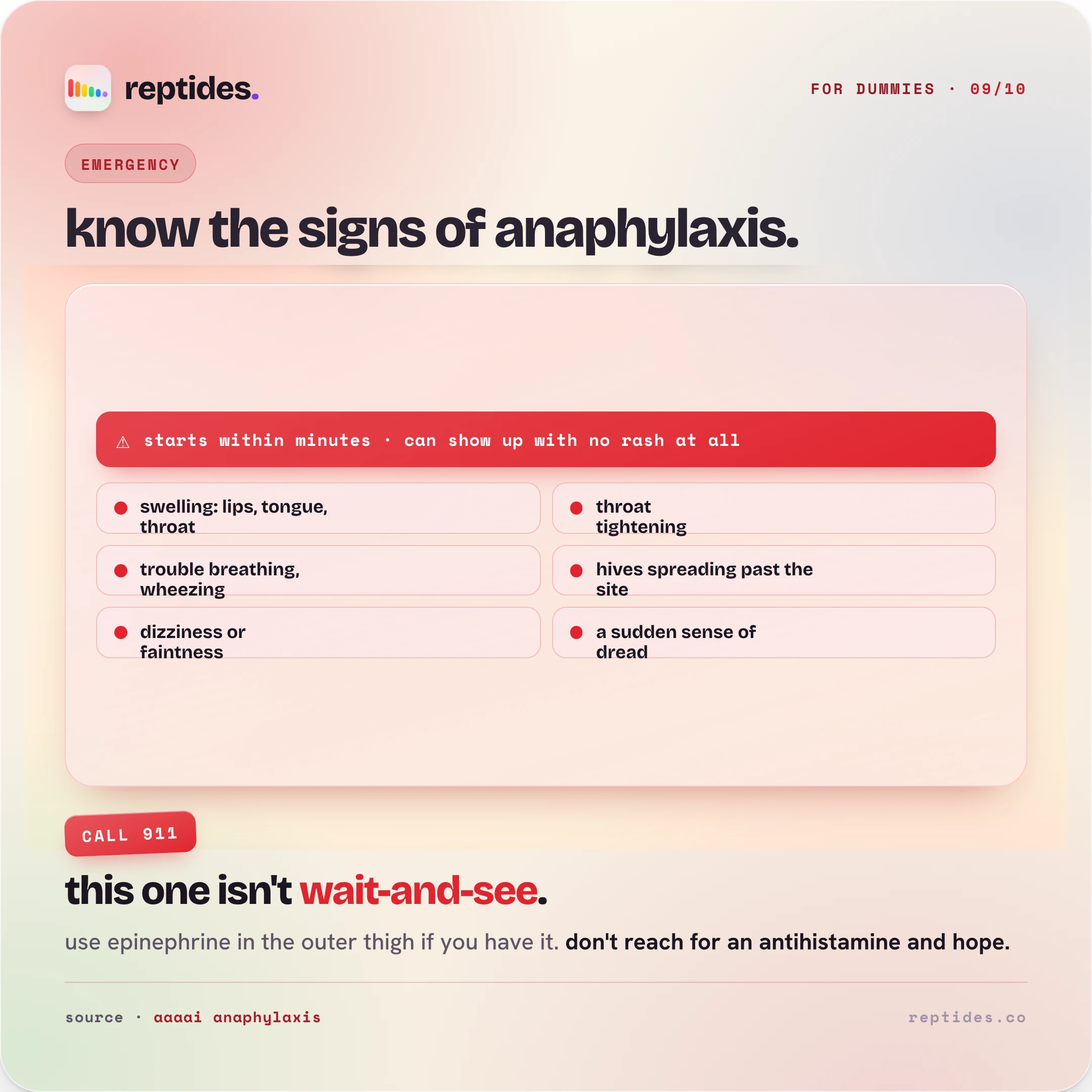 An anaphylaxis red-flag card: throat tightening, swelling of lips, tongue, or throat, trouble breathing, wheezing, faintness, and vomiting, which can start within minutes and appear with no rash, calling for 911 and epinephrine in the outer thigh.