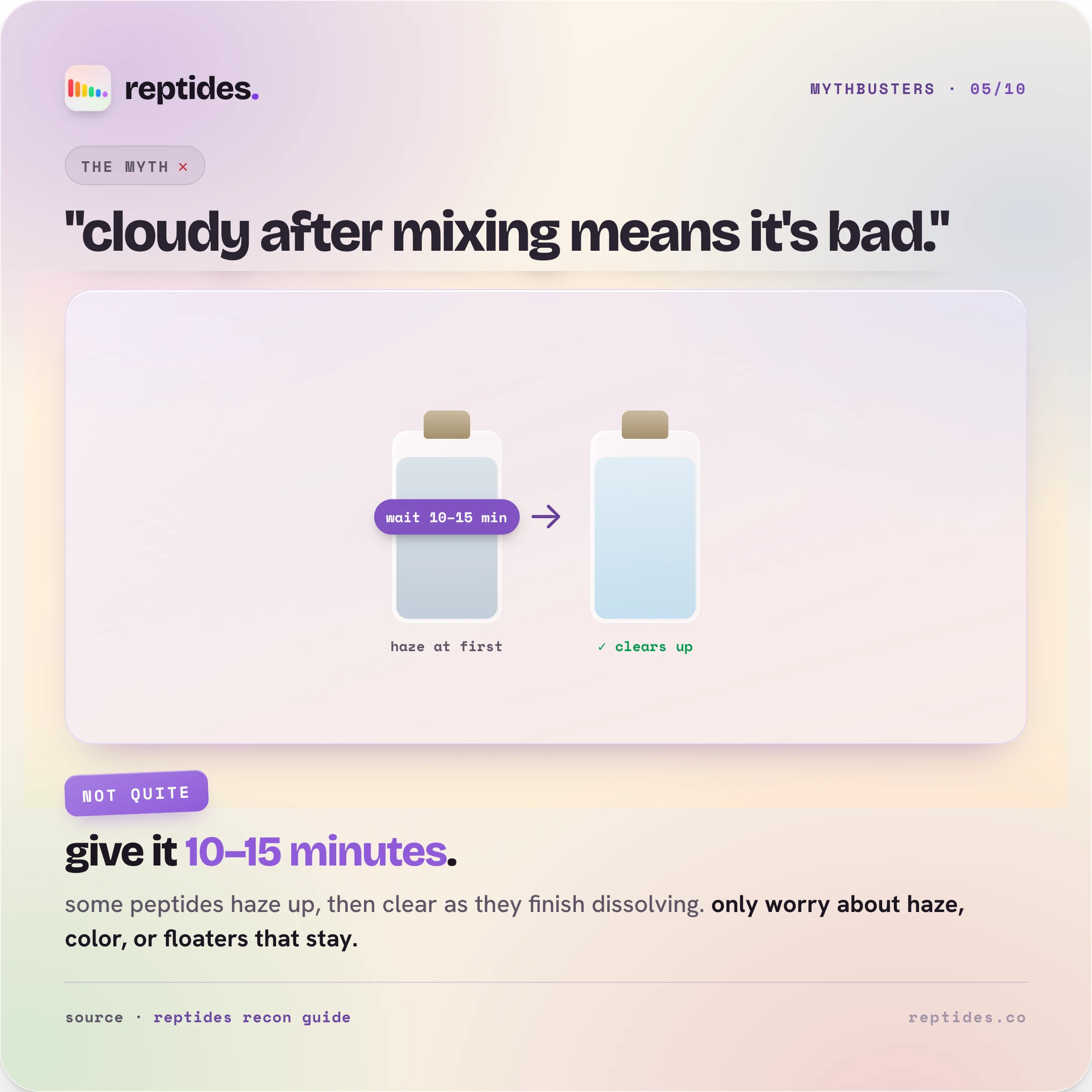Mythbuster card busting "cloudy means bad": some peptides go briefly hazy right after water goes in, then clear in ten to fifteen minutes. A haze that clears is fine; a solution that stays cloudy or throws persistent floaters is the one to set aside.