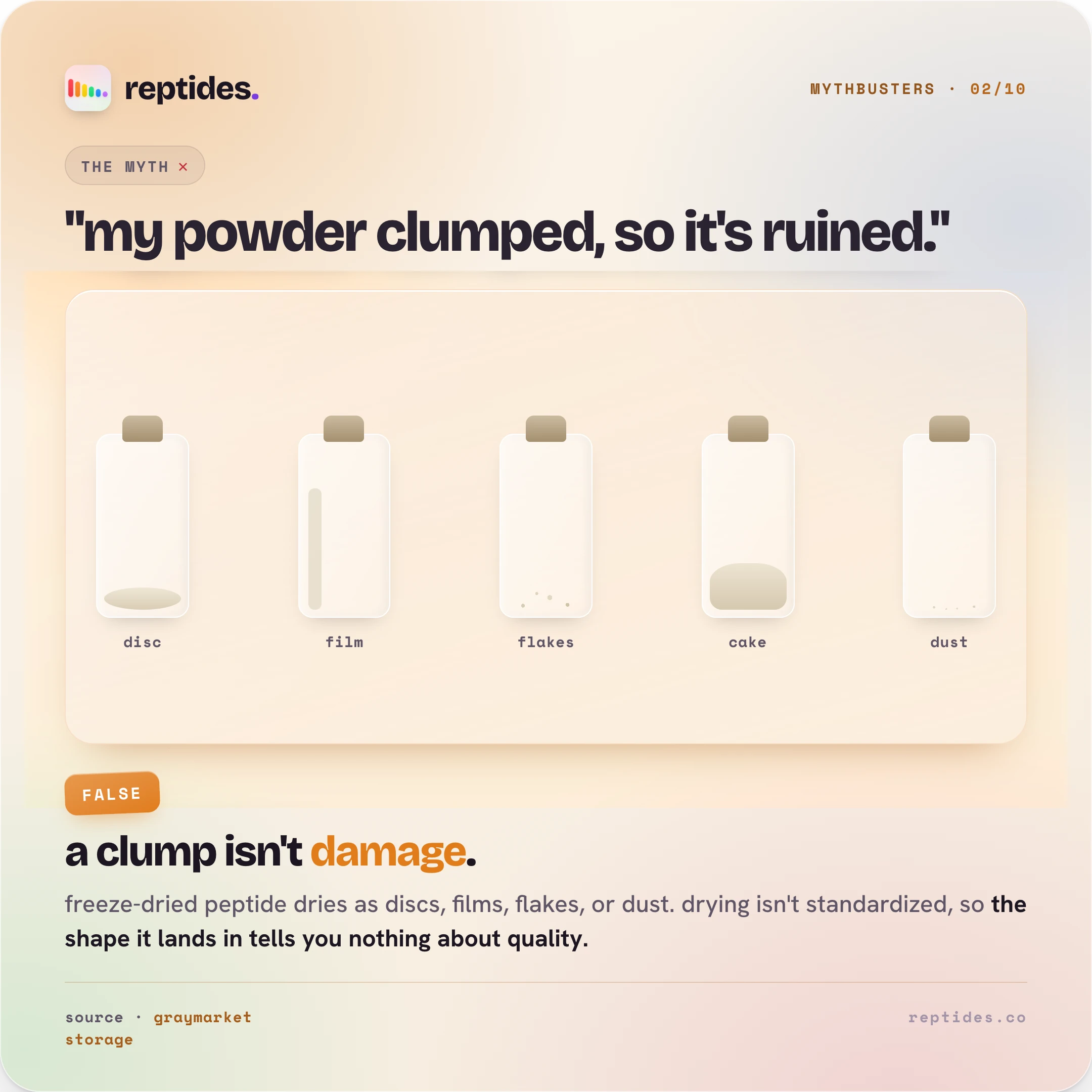 Mythbuster card busting "clumped means ruined": lyophilized powder dries as a disc, film, cake, or flakes, all normal. A clump is not degradation.