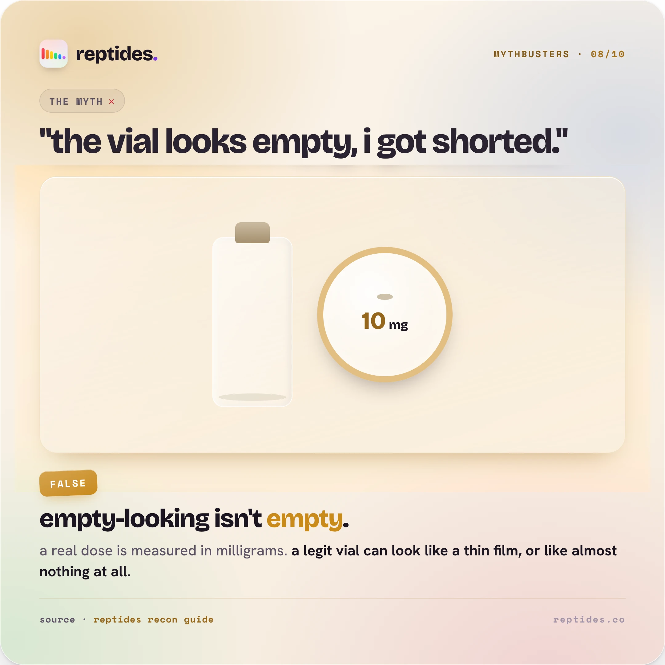 Mythbuster card busting "looks empty means shorted": lyophilized powder is measured in milligrams, so a real dose can look like a nearly empty vial. Looking empty is not the same as being empty.